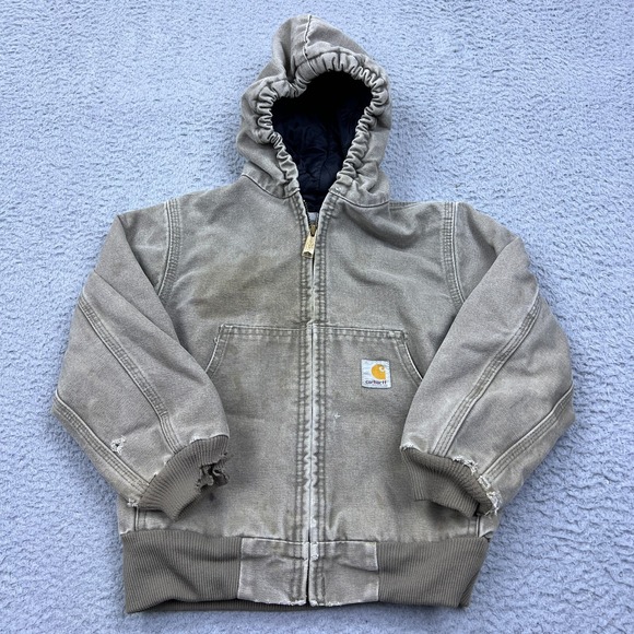 VTG Carhartt Jacket Y06DES Kids Quilt Lined Duck Canvas Hooded Coat Youth S READ - Picture 1 of 15